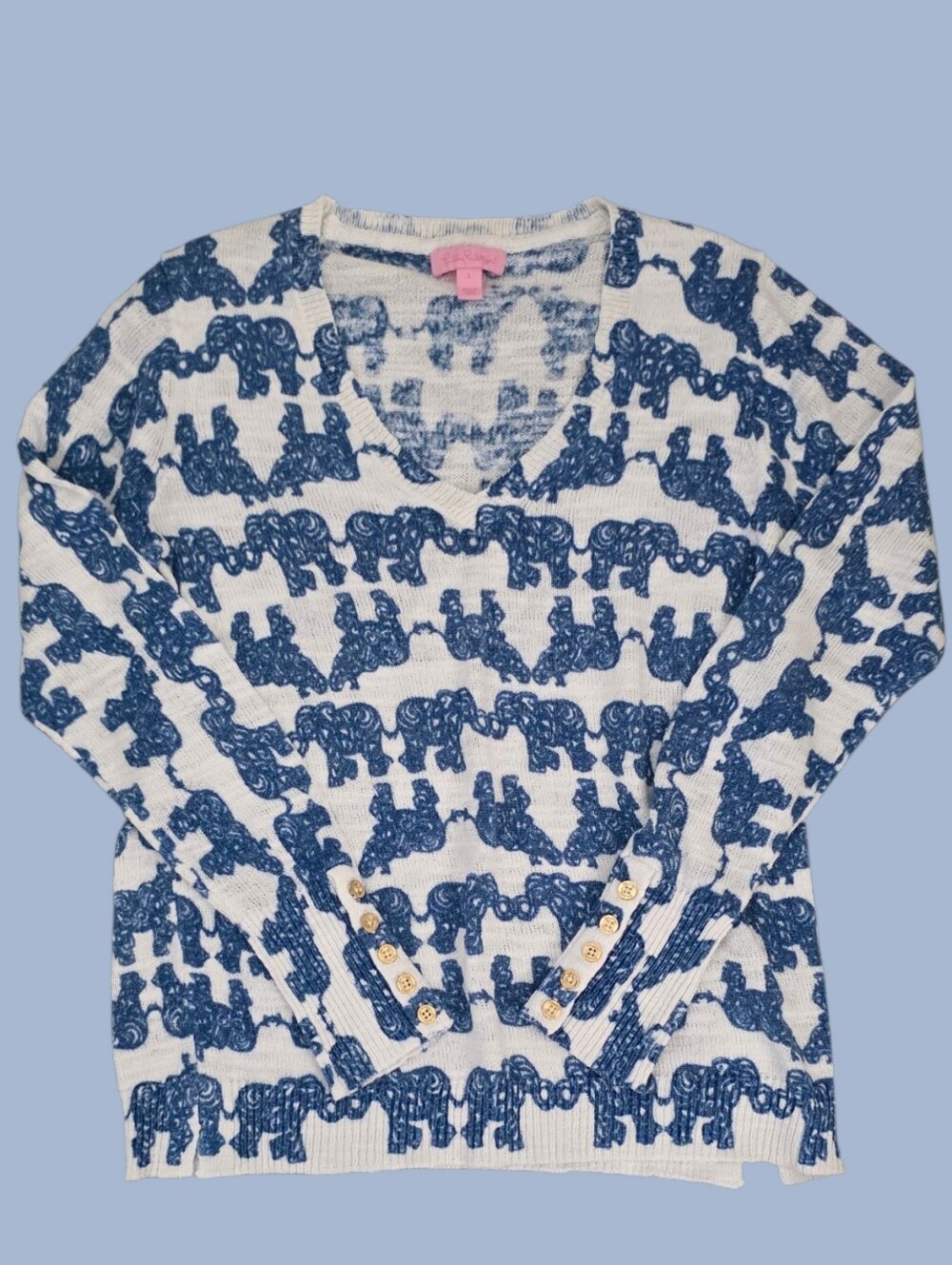 Lilly Pulitzer Edie Elephant Sweater Pack Your Trunk Knit L Gold Button V-Neck